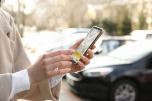 Lyft Accident Lawyer Columbus, OH - Woman ordering taxi with smartphone on city street, closeup